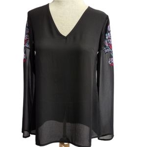 BCBGENERATION Womens size XS Black Sheer Top Long Sleeve Embroidered Detail